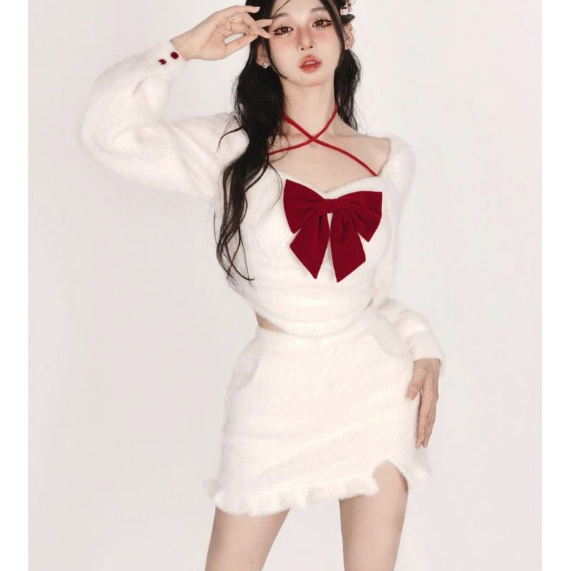 White Bow Top Half Skirt Set For Women