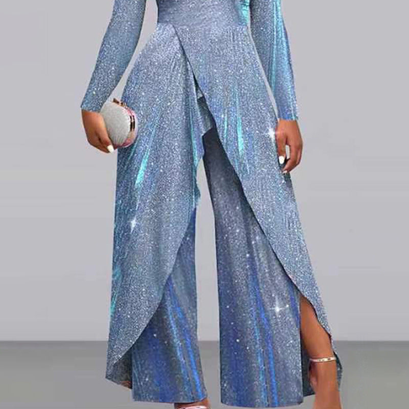 Europæisk og amerikansk mode sexet pailletlang nederdel diagonalt talje temperament pendler jumpsuit