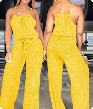 Solid Color Cotton And Linen Drawstring Casual Jumpsuit