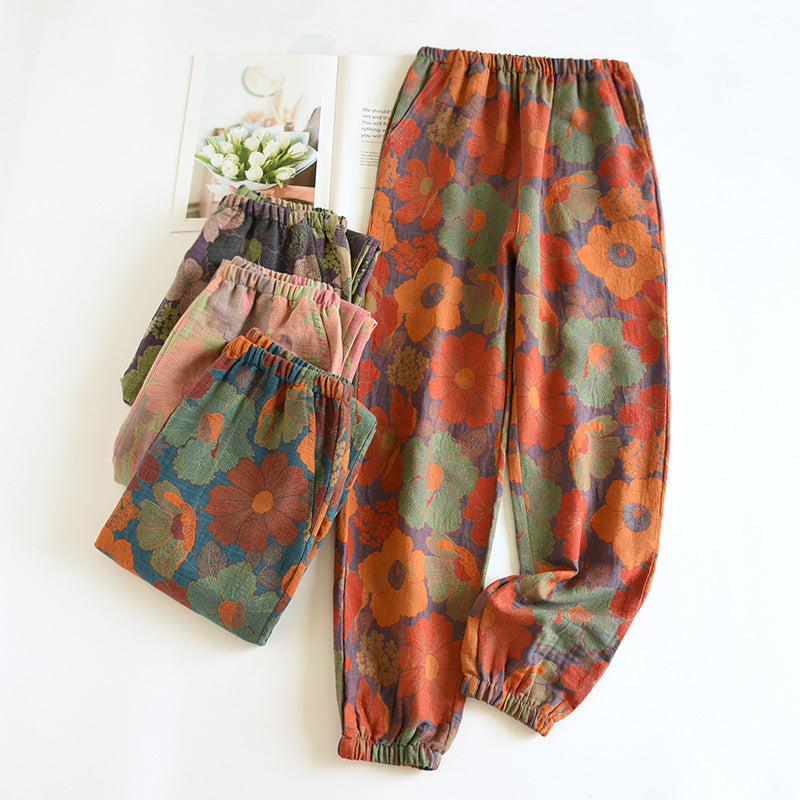 Women's Fashion Casual Cotton Yarn-dyed Vintage Jacquard Pajama Pants
