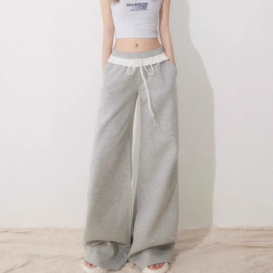 Womens High-waisted Straight-leg Pants With Lace Trim And Patchwork