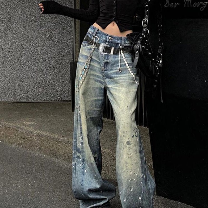 Splashed Ink-stained Jeans Female Chain Pendant Print Floor-dragging Pants
