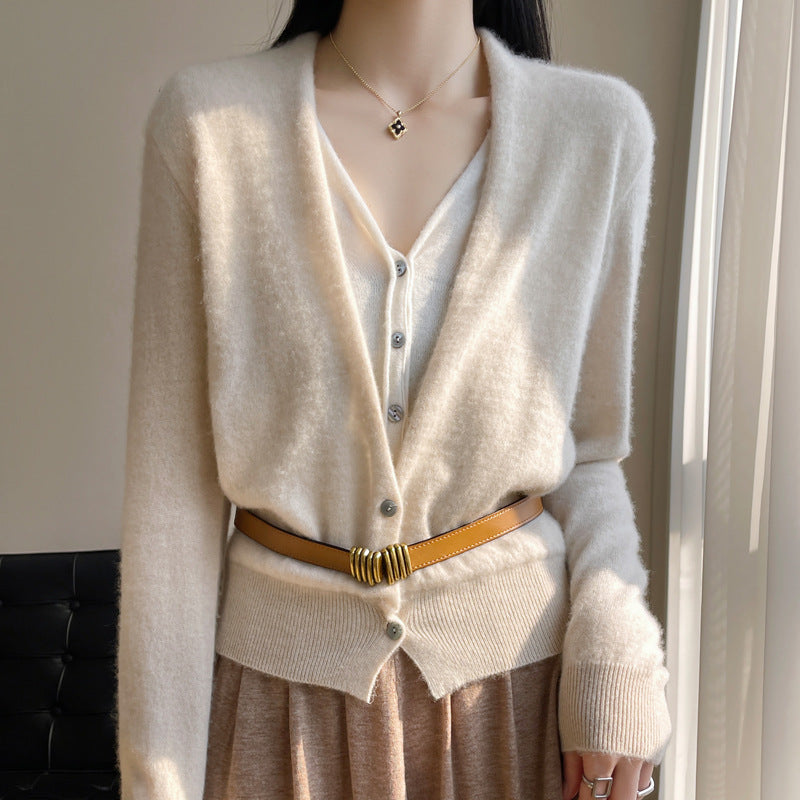 Pure Wool Women's Spring And Autumn V-neck Stitching Coat Knitted Top