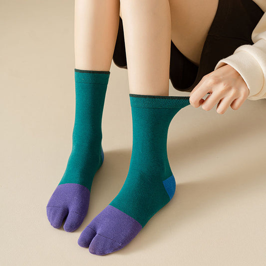 Women's Stitching Summer Thin Fashion Mid-calf Two-toe Socks