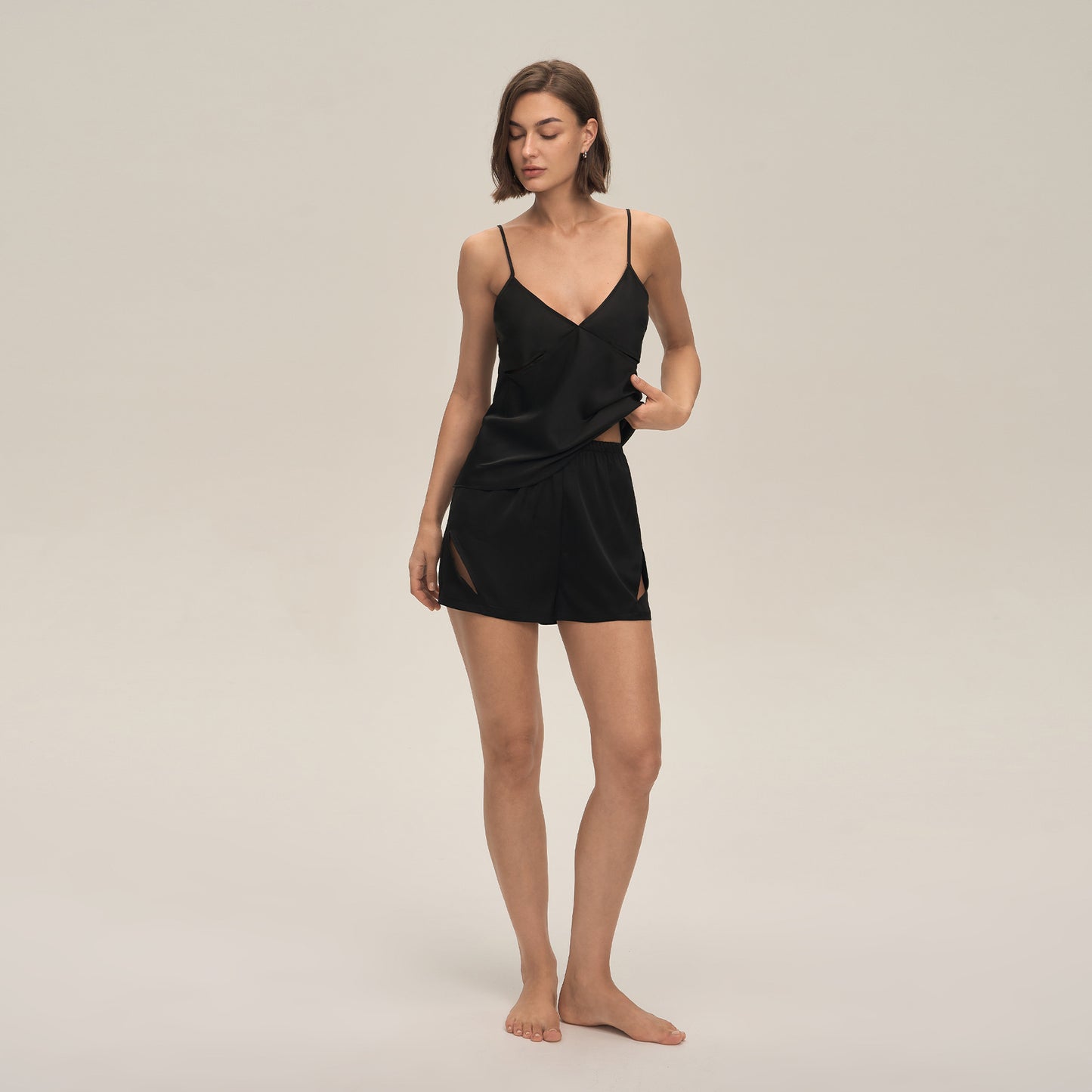 Satin Chiffon Cami Shorts Pajama Set For Home Wear