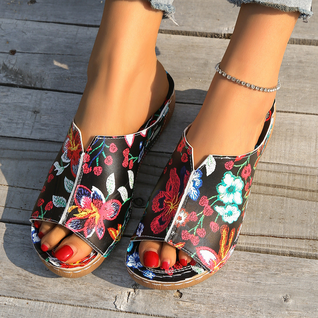 Peep Toe Wedge Mode Enkel Slip-on Mode Sandal Sutsko