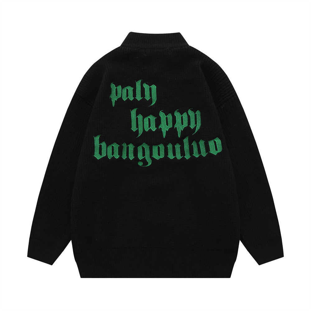 Letter Embroidered Stand Collar Zipper Cardigan Sweater Men's Clothing