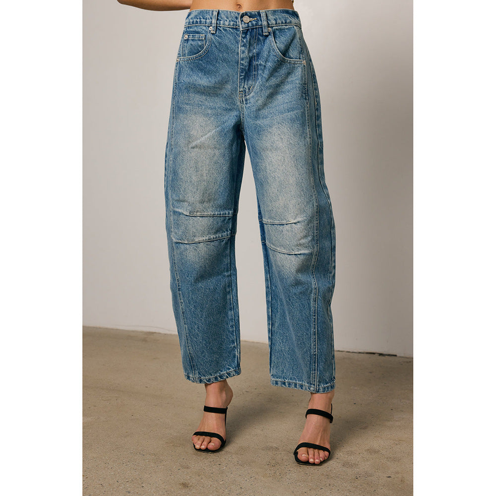 Womens Jeans Loose Straight Leg Washed Denim With A Wide Leg Draping Fit