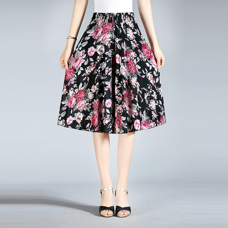 Summer Middle-aged And Elderly Women's Floral Elastic Waist Culottes