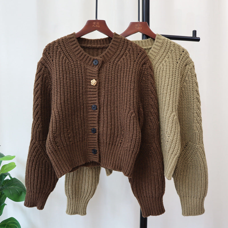 Tykt Strikket Design Sense Niche Sweaterjakke Løs Rund Hals Langærmet Temperament