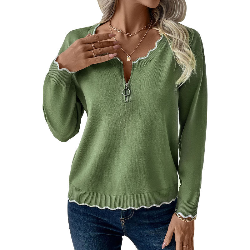 Crew Neck Casual Zipper Color-contrasting Stripe Sweater
