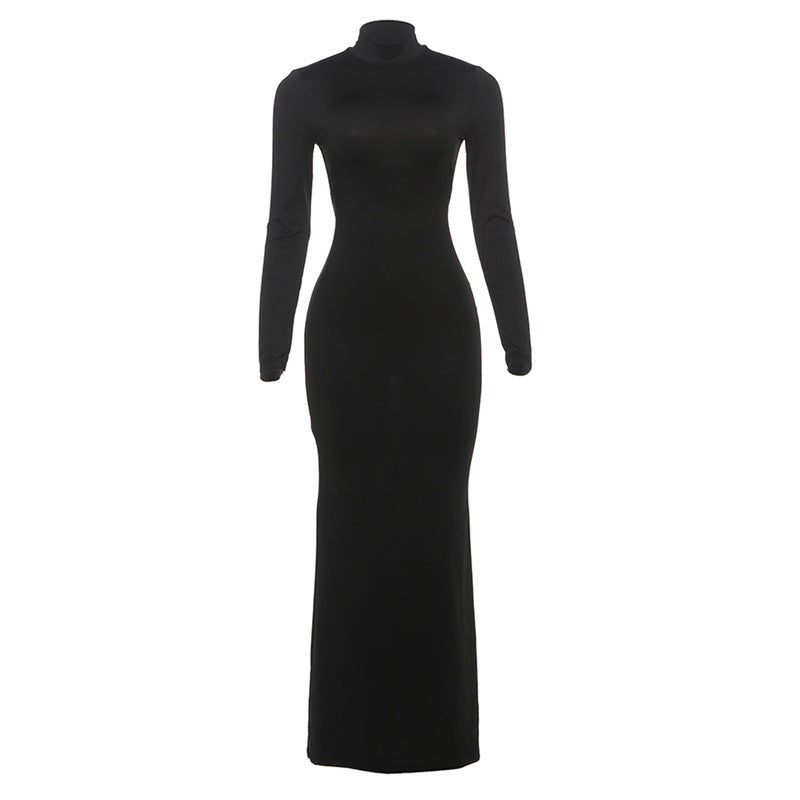 New Fallwinter Elegant Solid-color High-neck Bodycon Sexy Backless Lace-up Dress