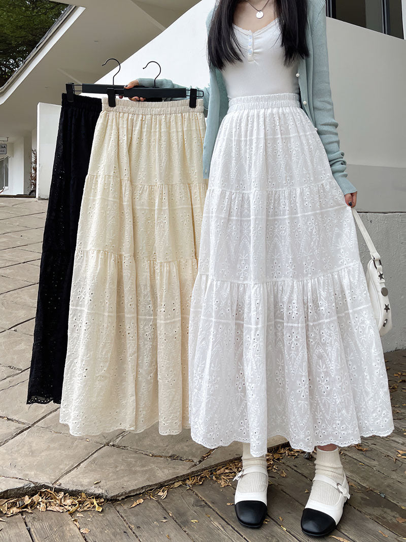 New French Style Retro Elastic Waist Pure Cotton Embroidery Long Dress