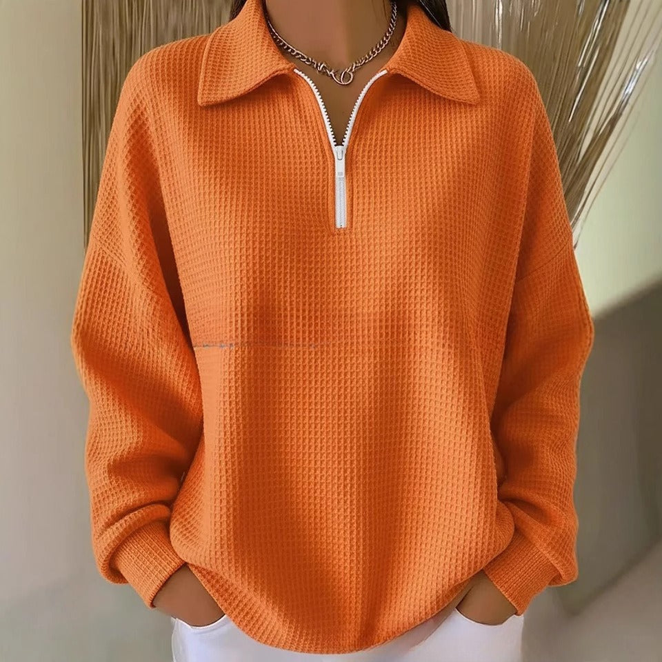 Turn-down Collar Pullover Drop Shoulder Half-zip Waffle Long Sleeve Women's POLO Top