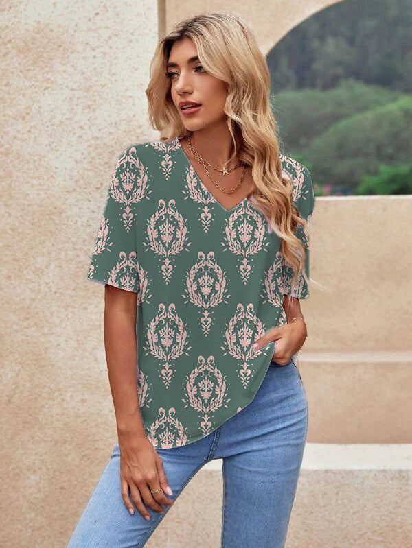 Printed Short Sleeve Urban Loose Casual Women's V Neck T Shirt