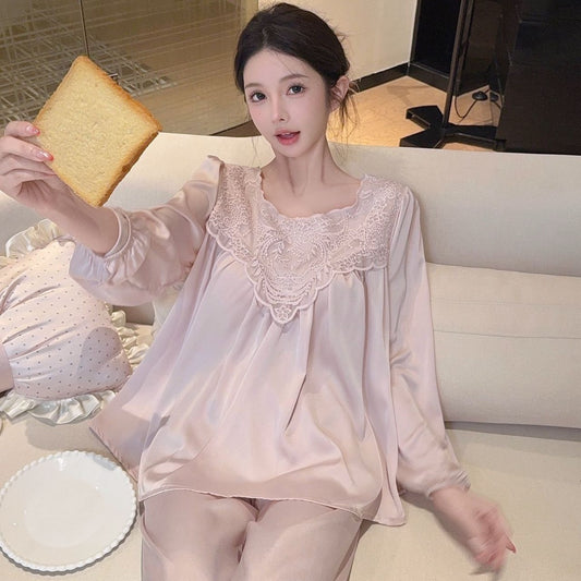 Back-Openwork Lace-Patched Pajama Set Womens Rayon Loungewear Suit