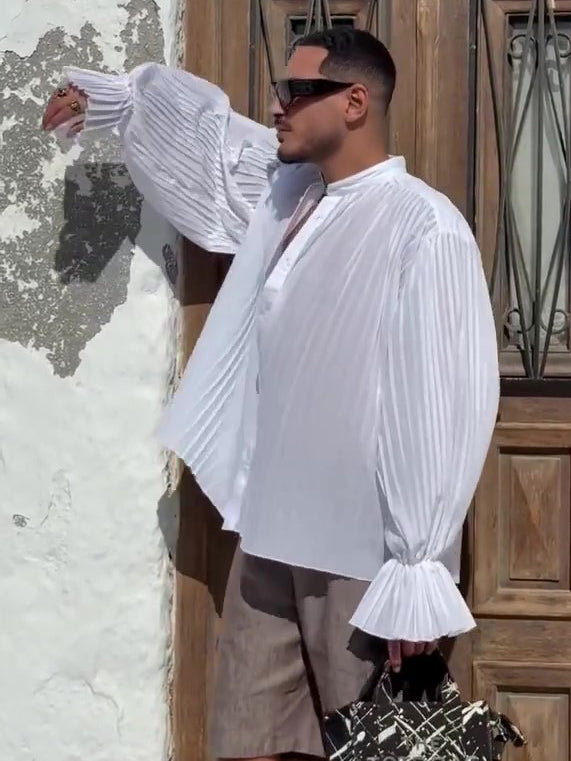 White Retro Stand-Collar Pleated Shirt