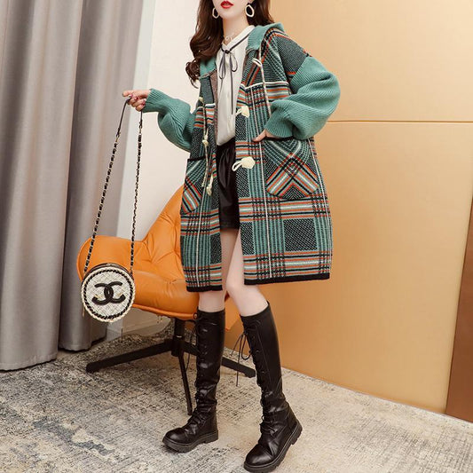 Hooded Knit Cardigan Women's Loose Mid-length Coat