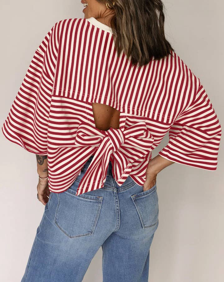 Womens Crew-Neck Striped Knitted Top With Back Tie Bow