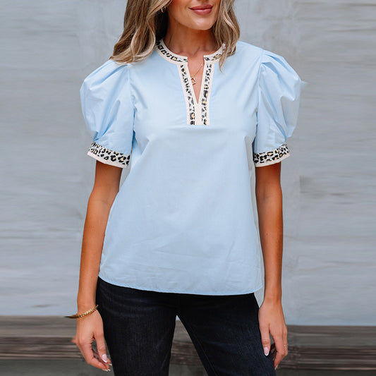 Pullover V-neck Puff Sleeve Chiffon Shirt