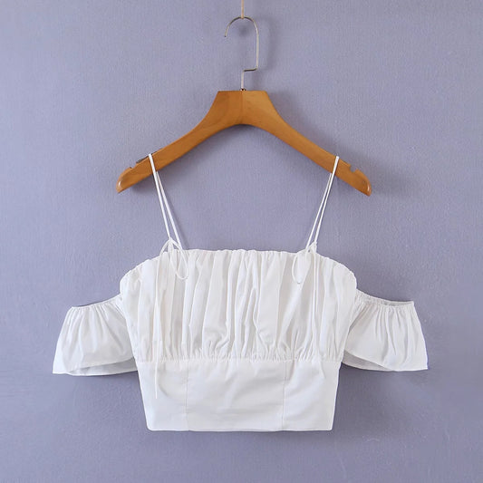 Bud Pleated One-shoulder Tie-shoulder Short-sleeved Top