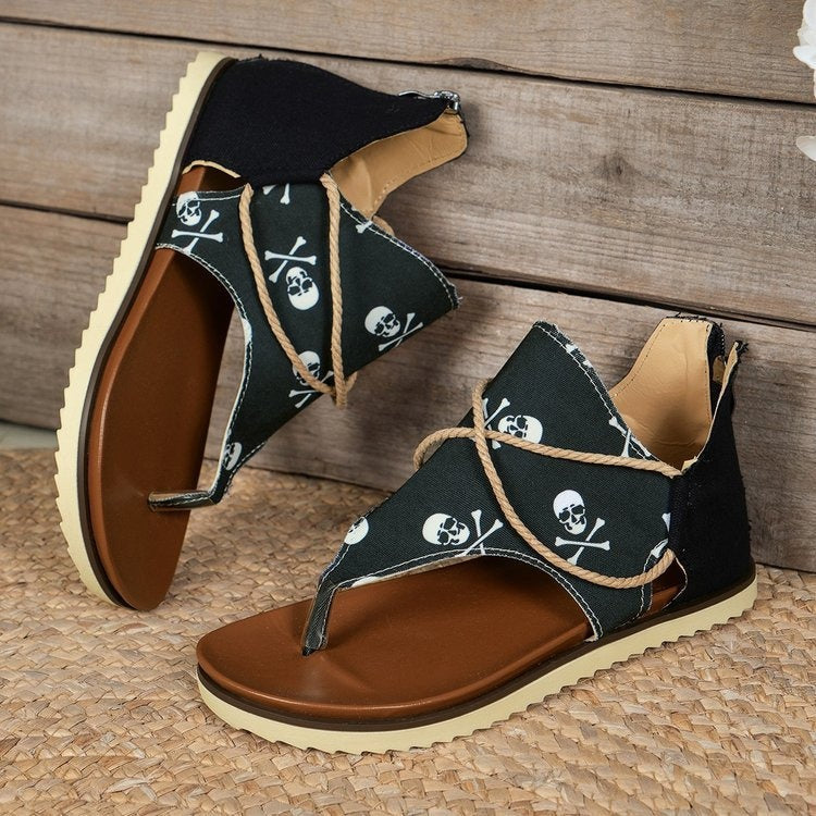 Women's Flip-toe Printed Flat Sandals With Back Zipper