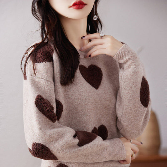 Round Neck Pullover Love Pure Wool Sweater Ladies