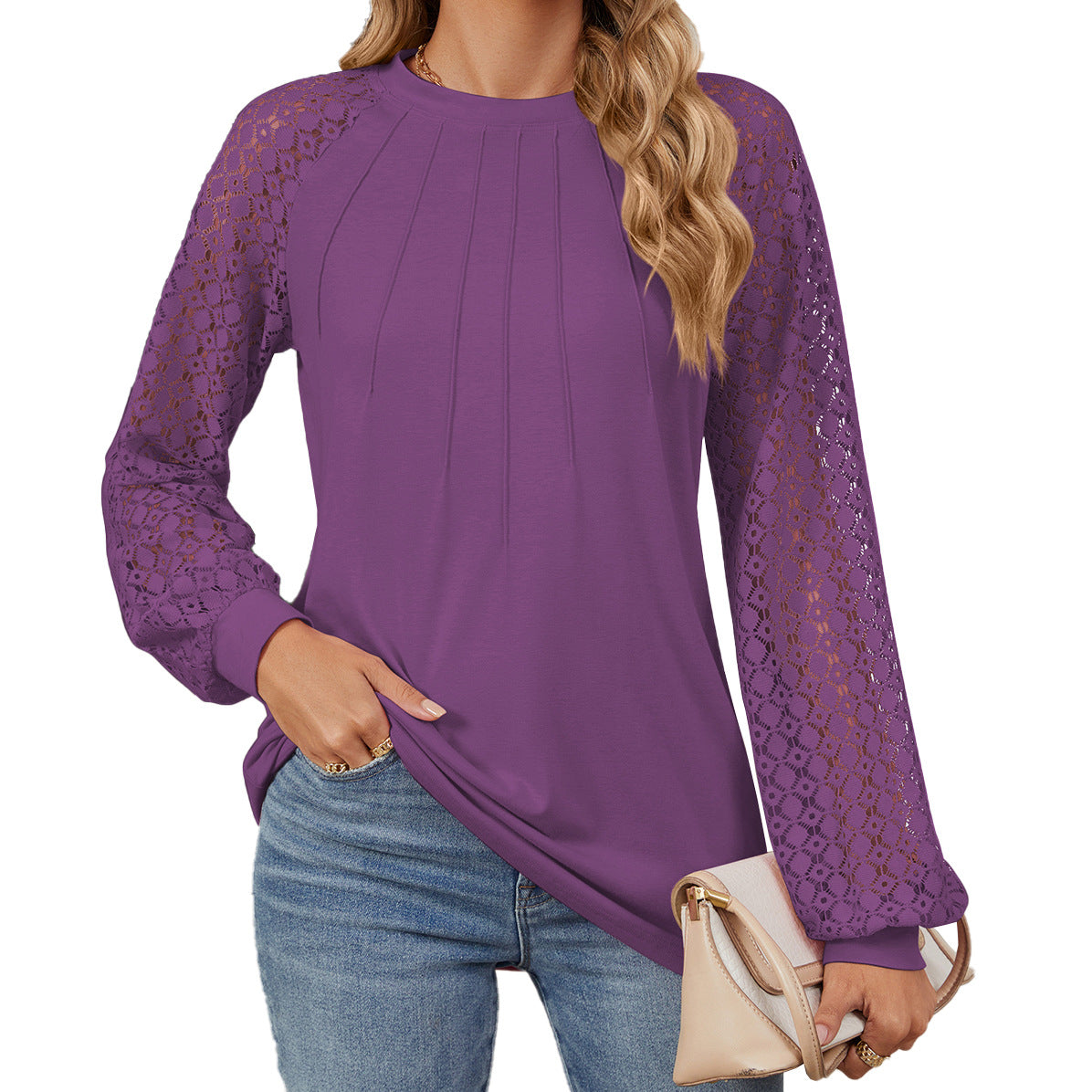Ny blondelangærmet T-shirt med rund hals, moderigtig løs ensfarvet pullover-top til dametøj