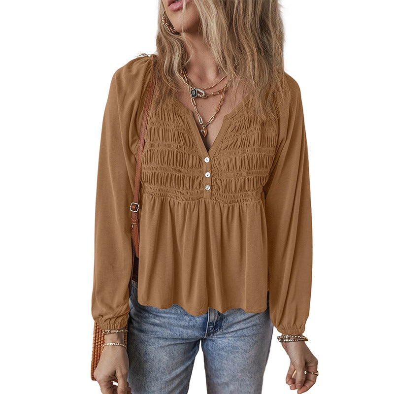 Dame Alsidig Lotusblad Ensfarvet Pullover V-hals Chiffon Skjorte