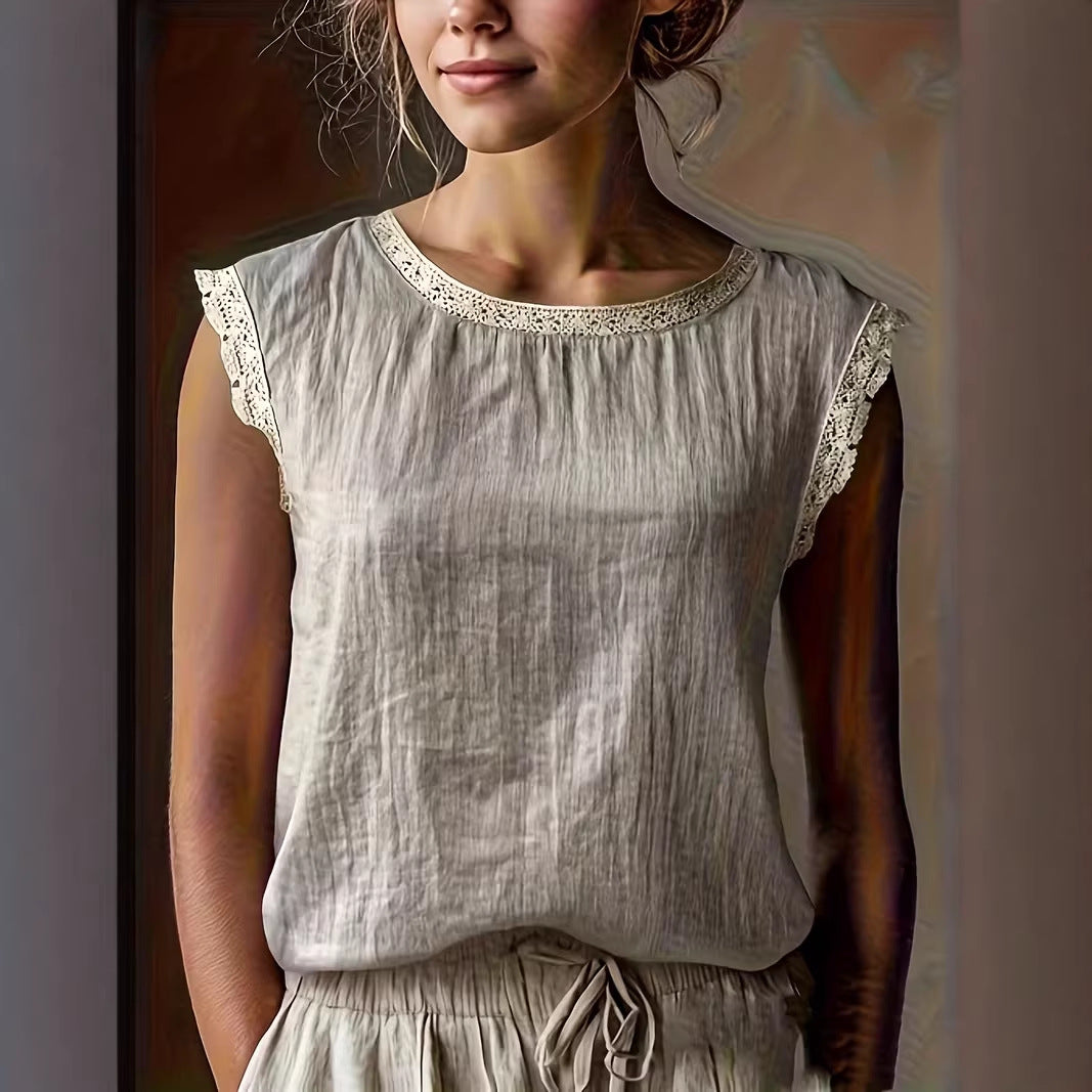Loose Solid-Color Crew-Neck Lace Sleeveless Cotton-Linen Shirt