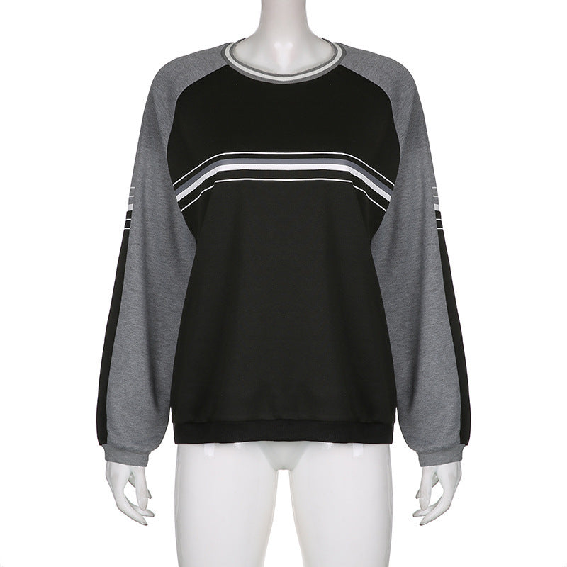 Women's Patchwork Long Sleeve Pullover Loose Round Neck T-Shirt Top