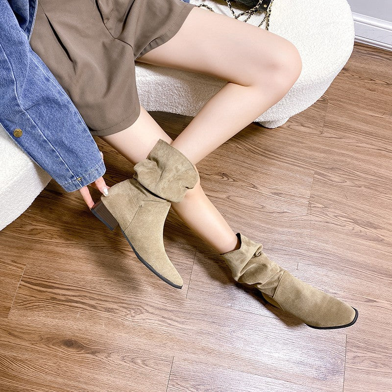 Pointed Toe Retro Middle Boots Simple Thick Heel Below The Knee