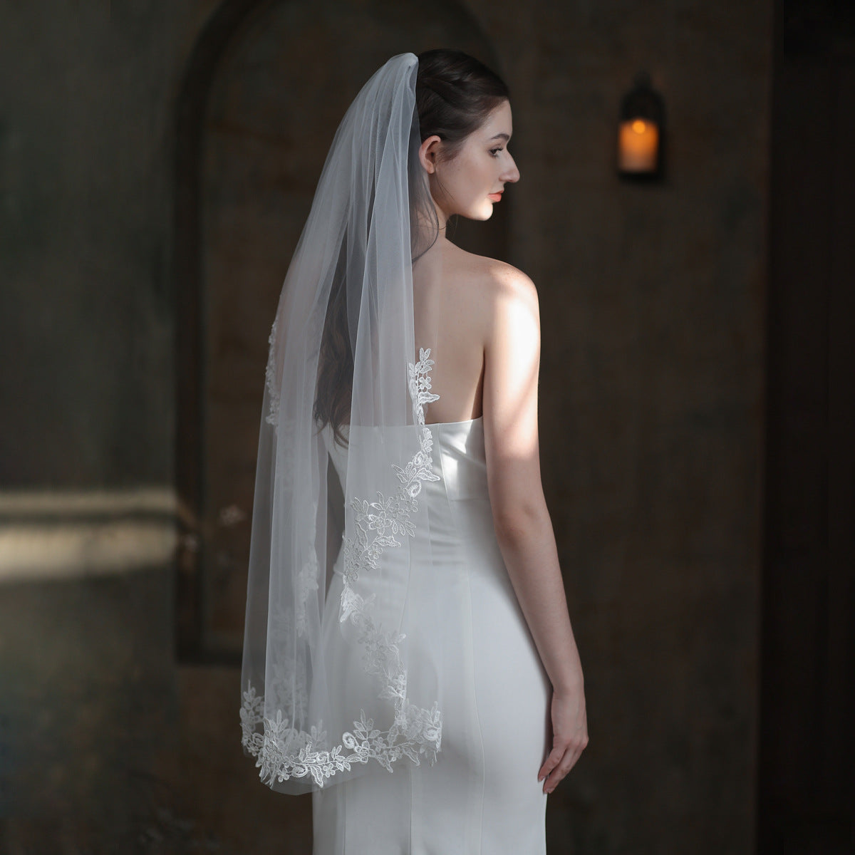 European And American Bride Veil Women's White Single Layer Lace Headdress