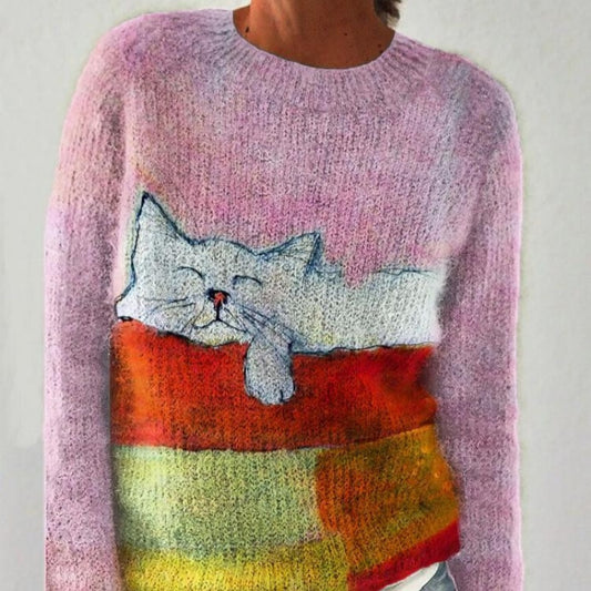 Ny efterår/vinter abstrakt sweater med kattetryk og nedfaldne skuldre