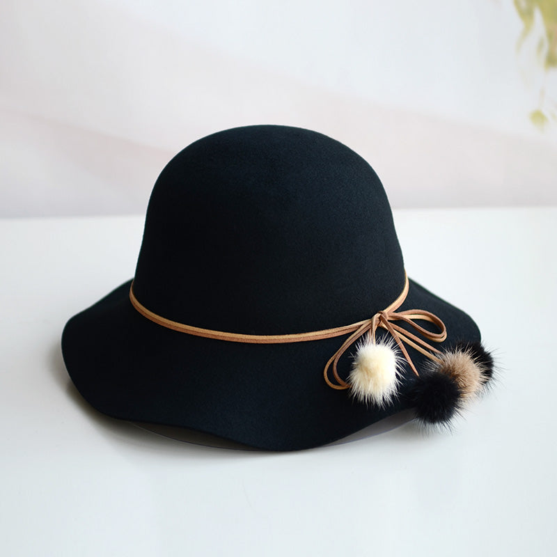 Woolen Warm Fisherman Hat Korean All-matching Basin Hat Lady Felt Cap Mink Fur Ball Billycock