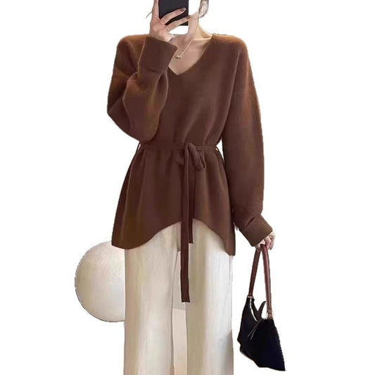 French Style Sweater Women's Mid-length Lazy Design Lace-up
