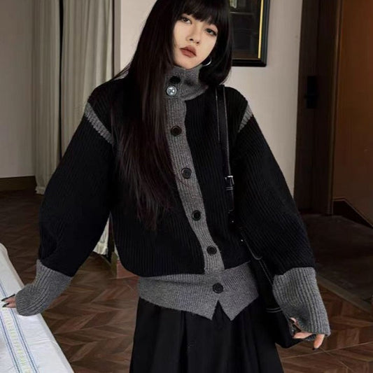 Design Sense Niche Contrast Color Thick Knit Cardigan Coat