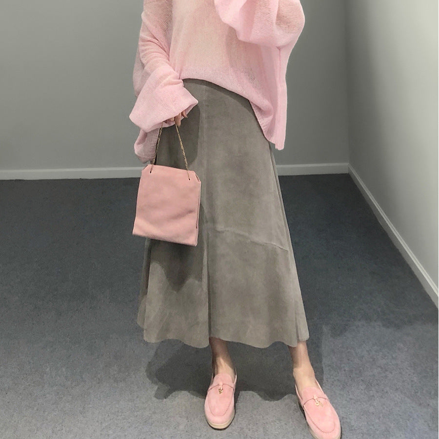 High Waist Sheepskin Suede Commute Minimalist Overknee Long Skirt