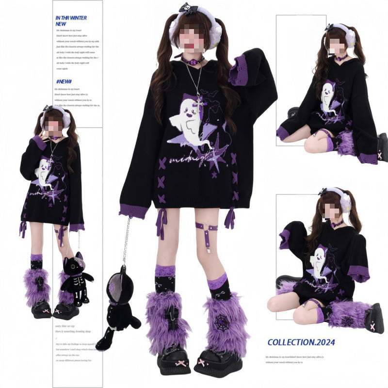 Original Black And Purple Contrast Color Lace-up Loose Sweater