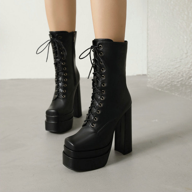 Womens Mid-calf Martin Boots New Fallwinter Style With A Square Toe And Thick Sole