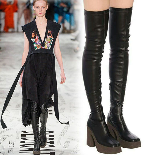 Thick Bottom Waterproof Platform Square Toe Elastic Boots