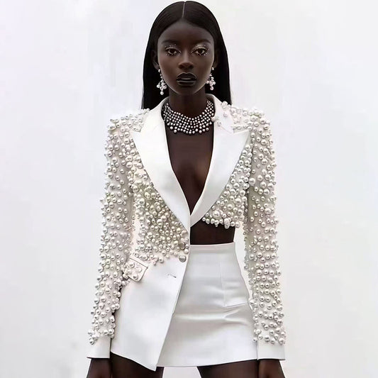 Womens Fashionable Deep V-Neck Heavy-Detailed Beaded Blazer And Skirt Set
