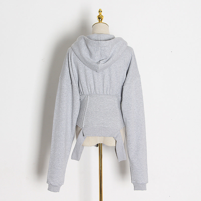 Versatile Long-sleeved Waist Fitting Hooded V-neck Top
