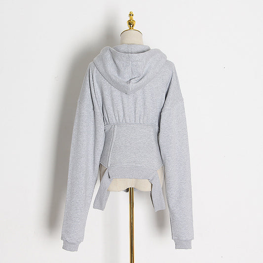 Versatile Long-sleeved Waist Fitting Hooded V-neck Top