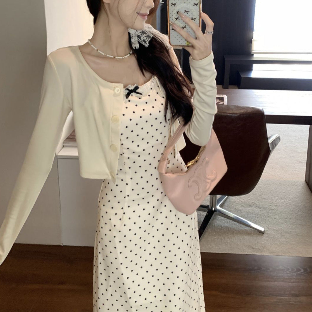 Korean-style Polka-Dot Slip Dress With Bow Detail