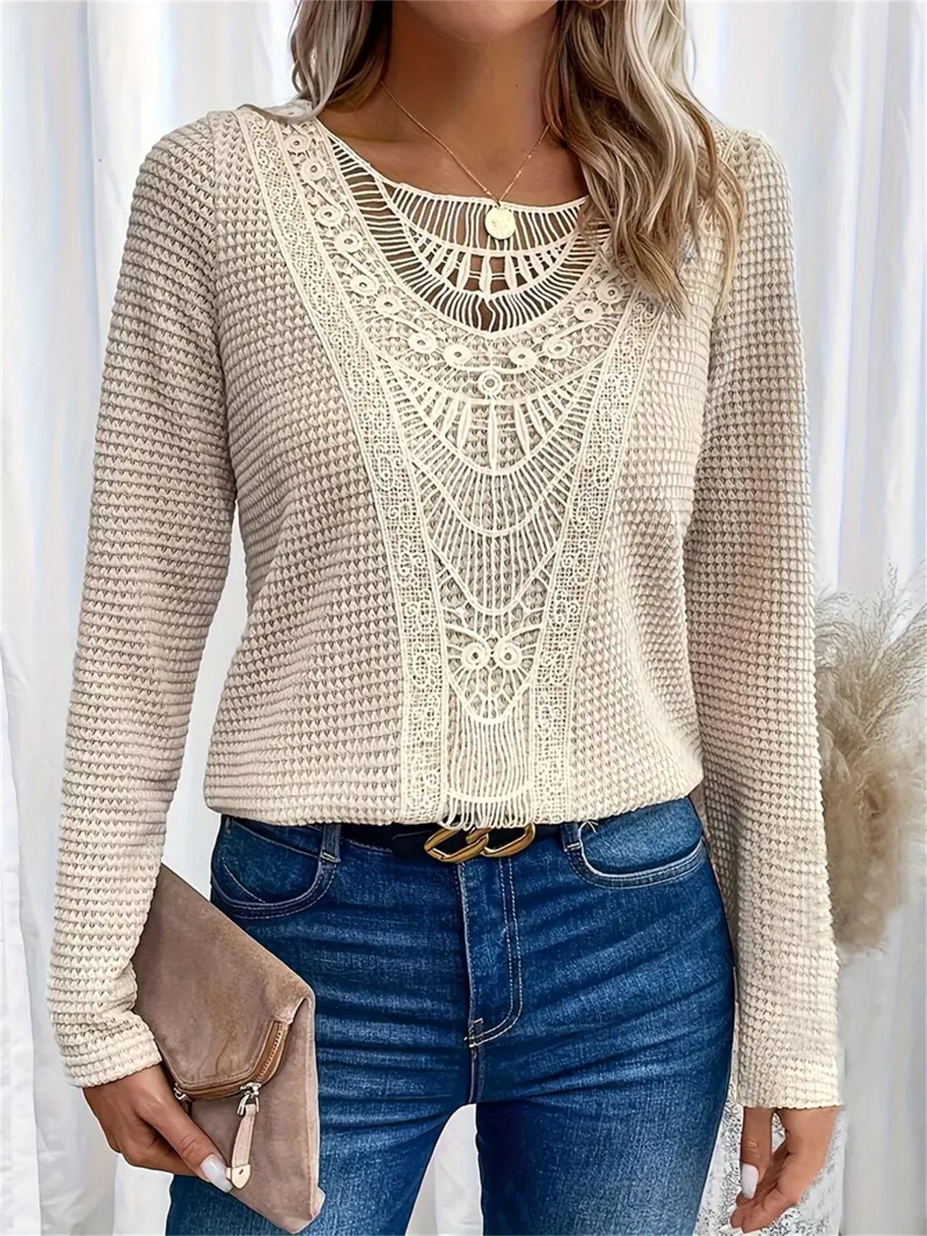 Ladies' Fashion Solid Color Lace Long Top