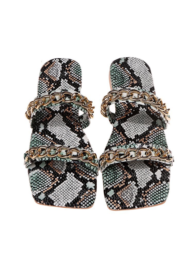 Metal Chain Buckle Snake Print Sandals And Slippers