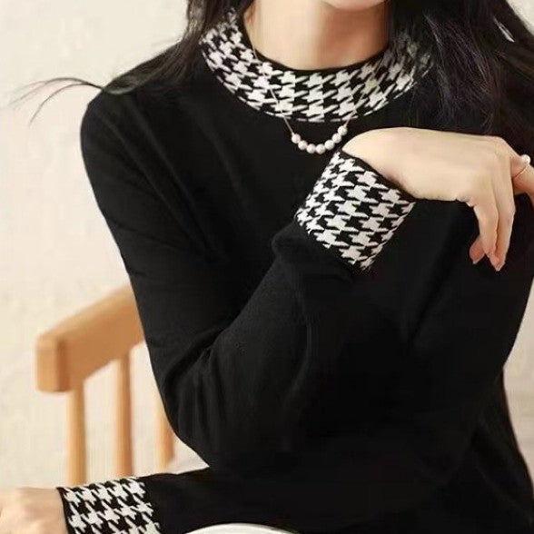 Women's Fashion Houndstooth Stitching Long-sleeved Sweater