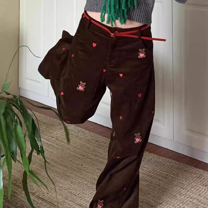 Retro High-Street Corduroy Pants With Embroidered Bear Design