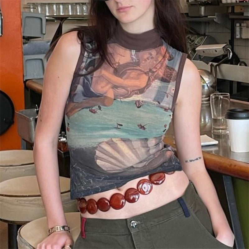 Afslappet vintage cropped tanktop med rullekrave og abstrakt print